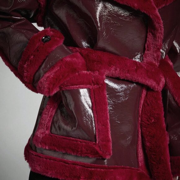 Burgundy Casual Women's Faux fur detailed  Long Sleeve Faux Leather Jacket Coat - Picture 7 of 7